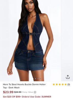 Fashion Nova Dark Wash Denim HERE TO STEAL HEARTS BUCKLE DENIM HALTER TOP